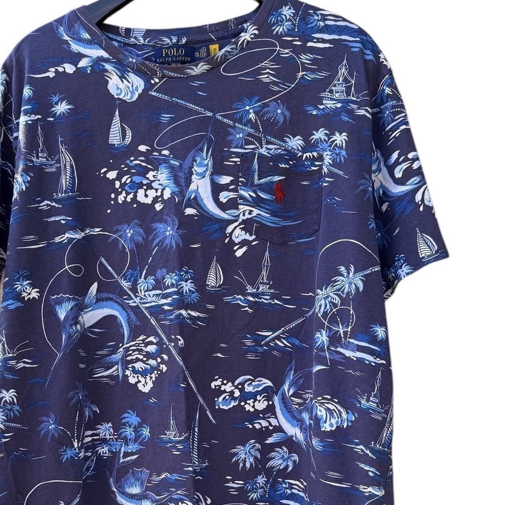 Polo Ralph Lauren Mens XXL Blue Marlin Fishing Sailboat Tropical Pocket T-Shirt